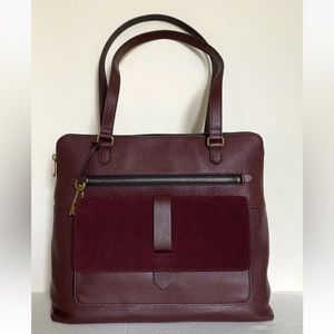 New Fossil Kinley Leather and Suede Shopper Tote Claret Red